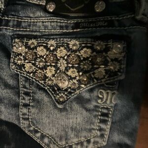 Miss Me Blue and Silver Ankle Cropped Jeans with Vintage Wash